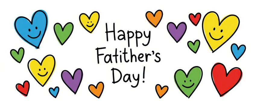 Happy father&rsquo;s day greeting card with colorful smiling hearts, family celebration message, parent appreciation, handwritten festive lettering, cheerful holiday design