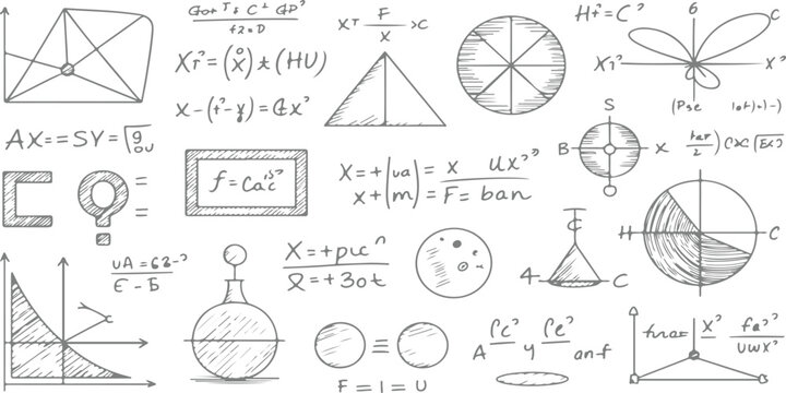 Hand drawn numbers and formulas vector set for math education business infographic design illustration vintage sketch icon template