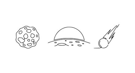 Cosmic Elements: Asteroid, Planet Surface, Comet - Simple Line Art © Ceblok