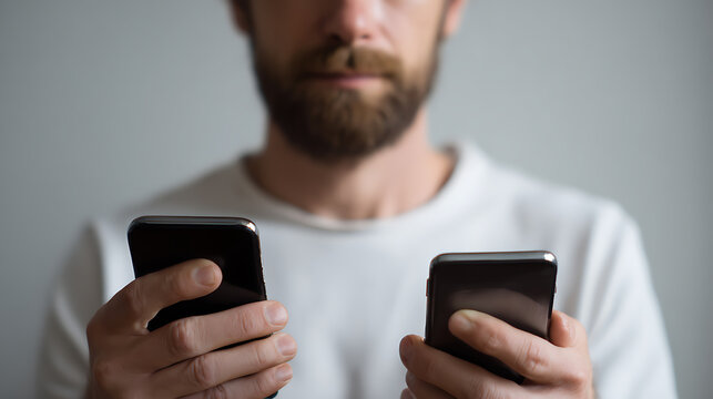 Adult man hold two mobile phones compare digital devices for communication or social media in indoor setting, close view on hands