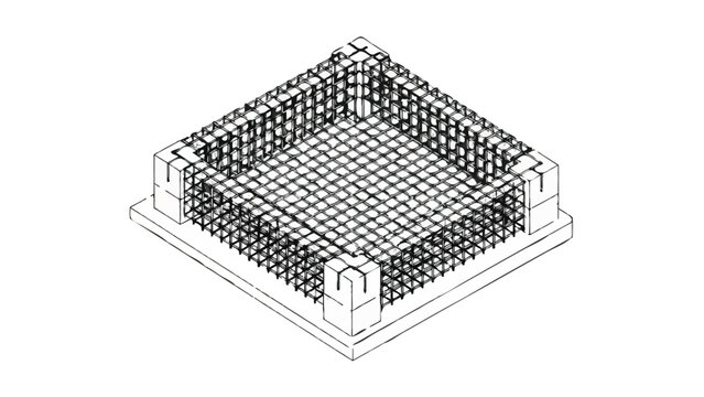 Isometric Architectural Technical Drawing of a Reinforced Concrete Foundation with Steel Rebar Mesh