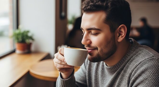 Young caucasian man enjoying coffee in cozy cafe during autumn afternoon. concept of relaxation, warm beverage, leisure activity