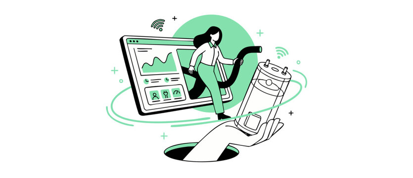 Green energy monitoring dashboard illustration showing woman connecting power cable to battery representing smart grid clean technology, sustainability, and renewable resource optimization design.