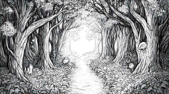 Forest path leading to light, intricate artwork