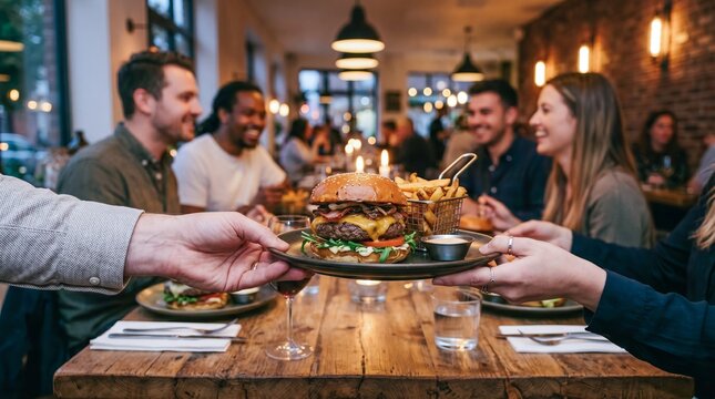 Group of friends dining at cozy restaurant, sharing burgers and fries. concept of social gathering, enjoying food, friendship