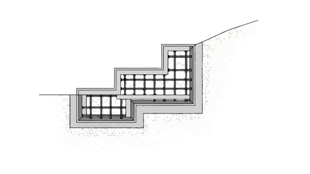 Technical Cross-Section of a Stepped Concrete Foundation with Rebar Reinforcement on a Sloped Terrain