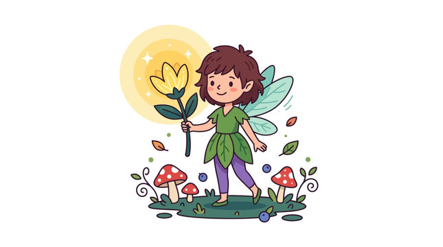 Cartoon fairy holding yellow flower.