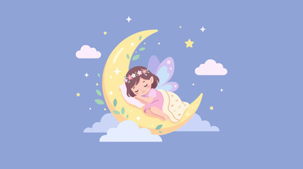 Obraz premium Little girl sleeping on crescent moon.