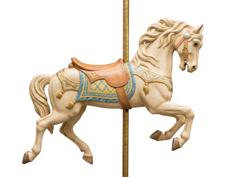 Vintage wooden carousel horse with intricate details on a golden pole as isolated on transparent background