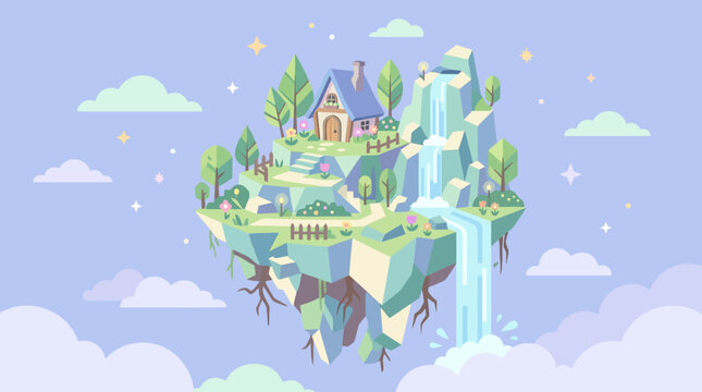 Fantasy house on floating island landscape.