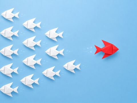 Red origami fish swimming against the current independent thinking concept, Think different concept, Disruptive entrepreneurship and innovation concept