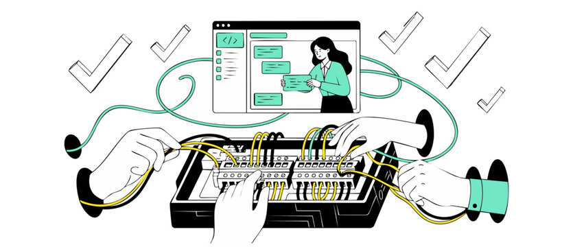 Web developer programming hardware connection with hands wiring terminal switchboard server and coding chat interface representing seamless system integration and network automation technology setup.
