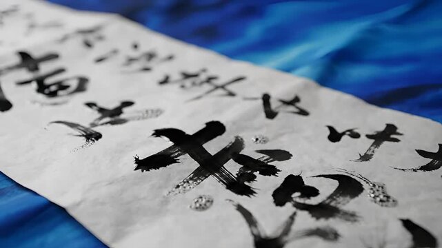 Closeup of Japanese calligraphy on a scroll with a blue background.