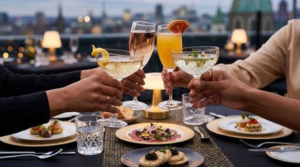 Obraz premium Friends making a toast with champagne and cocktails at a rooftop restaurant. People celebrating with elegant appetizers during dinner. Luxury dining experience with city skyline view at sunset