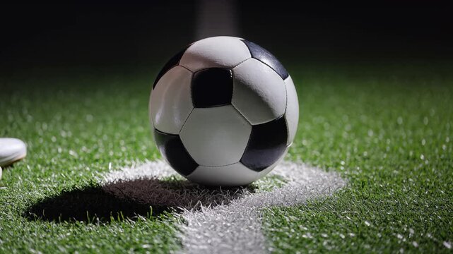 Cinematic close-up of a soccer ball being placed on a marked green field in slow motion, dramatic stadium lighting and shallow depth of field, representing precision, competition, and the start