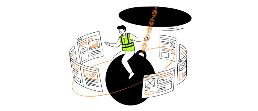 Website redesign developer riding wrecking ball to reconstruct user interface screens, representing IT system migration, digital transformation, website maintenance, under construction concept design.