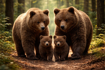 Obraz premium Two adult bears and two cubs standing together on a forest path. Brown bear family in wildlife habitat. Nature and animal encounter in the woods. Wild animals in their natural environment