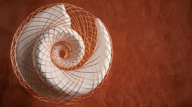 Golden ratio and structured growth concept. Geometric copper wire mesh enclosing an organic white spiral sculpture with copy space.