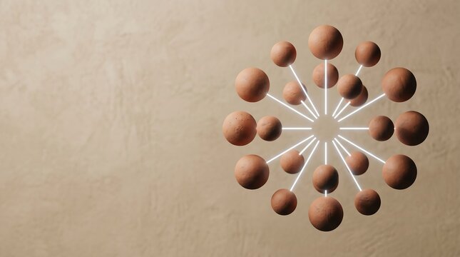 Abstract networking and decentralized system concept. Terracotta clay spheres connected by glowing white light beams with copy space.