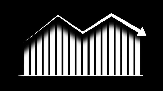 Declining bar chart visualizes negative corporate revenue metrics. Technical bar chart displays falling stock market investment values. Financial crisis concept with digital bar chart.