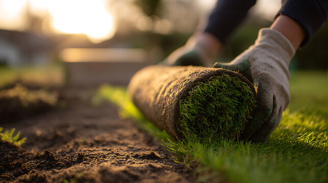 Hands in gloves lay down fresh, green sod in a garden at sunset, transforming bare earth into a lush lawn with golden hour light and bokeh background