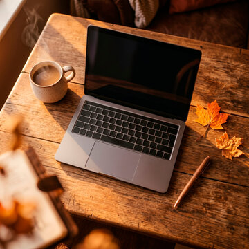 Laptop on wooden table with cup of coffee and autumn leaves for freelancing, remote work or study, [copy space]