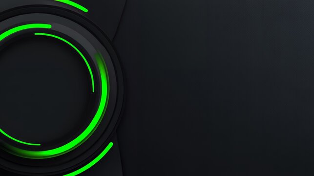 3D dark render with bright neon green glowing interface elements and circular HUD shapes, abstract tech innovation backdrop.