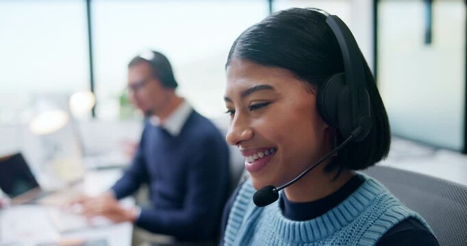 Consultant, woman or face with headset in call center for client query, loan assistance or about us. Coworking, finance agent or happy at helpdesk for insurance claim, online help or customer support