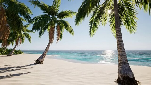 Tropical beach paradise with swaying palm trees and sparkling ocean waves at sunset