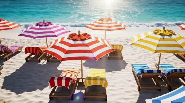 Vibrant beach umbrellas and sun loungers on tropical white sand shoreline vacation summer