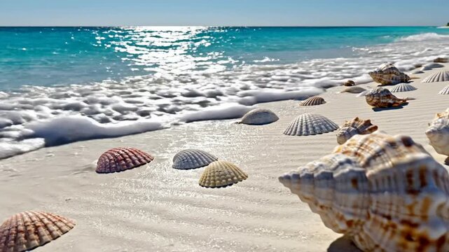 Tropical beach shoreline with seashells and gentle ocean waves rolling on white sand relaxing summer vacation background