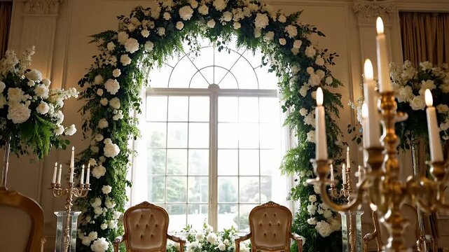 Luxurious indoor wedding ceremony setup featuring a floral arch, elegant chairs, and candlelit details by a grand arched window