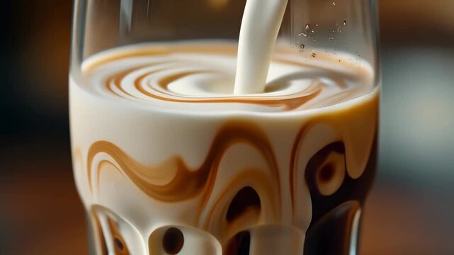 Milk being poured into a dark beverage, creating mesmerizing swirls and patterns in a clear glass.