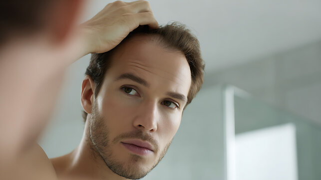 Young Man Observes Hair Loss in Mirror, Concerned About Thinning Hair and Scalp Issues, Hair Care and Health Concept, Dermatological Problem