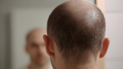Fototapeta premium Rear view of a man's head with short hair looking into a blurry mirror reflection of his face, emphasizing hair loss and male pattern baldness