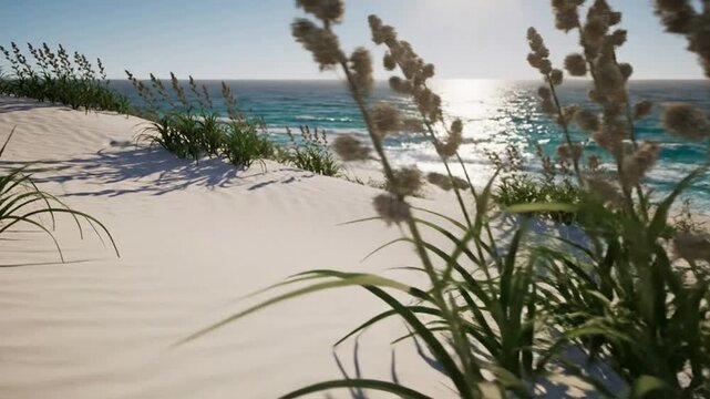 Scenic white sand dunes with beach grass and sparkling ocean waves at sunset