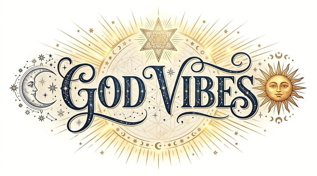 Celestial Good Vibes Typography with Sun Moon Stars and Sacred Geometry
