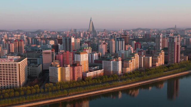 Pyongyang panoramic view, North Korea. View of the Ryugyong Hotel - the tallest abandoned hotel in the world.