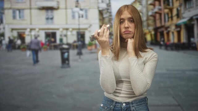 Woman redhead holding smartphone to cheek while touching jaw and checking skin in a busy street plaza wearing jeans and a ribbed top; contemplation.