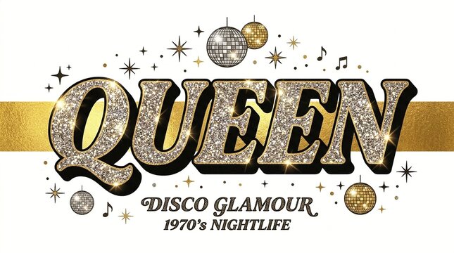 Queen Disco Glamour 1970s Nightlife with Glittering Text and Disco Balls