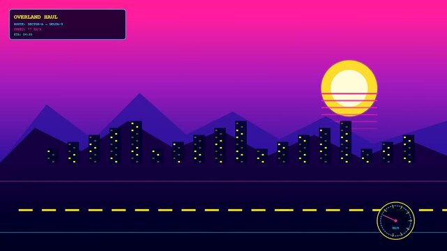 This synthwave animation showcases a busy global logistics route where a heavy transport truck travels across a vibrant neon city landscape under a large glowing sun.