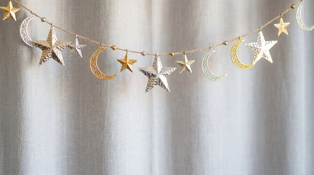 Festive Silver and Gold Metallic Star and Crescent Moon Hanging Garland
