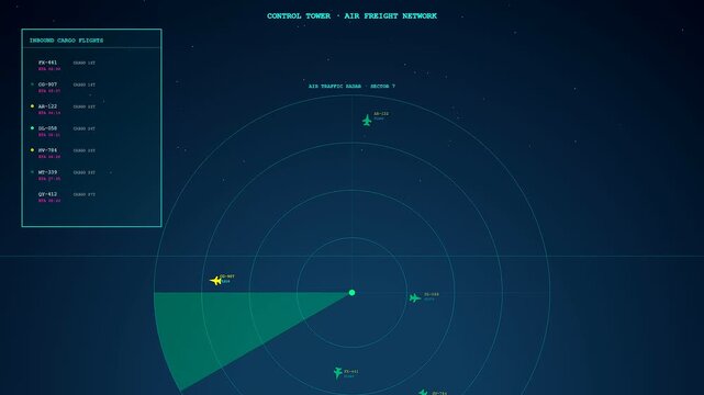Tracking aircraft across a Global Logistics Route the glowing green radar beam sweeps clockwise over a dark digital map displaying essential real time flight information data