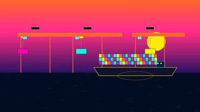 Stylized vector animation showcasing a Global Logistics Route where colorful container ships are loaded by cranes against a vibrant synthwave sunset over deep dark ocean waters.