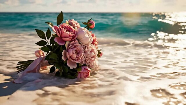 Romantic peony wedding bouquet on tropical beach shore with gentle ocean waves peonies flowers