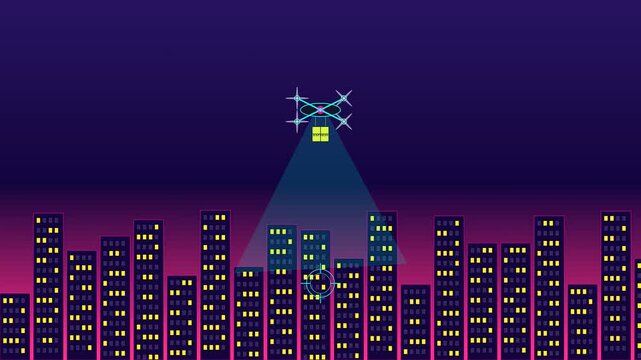 As part of a vast global logistics route, autonomous delivery drones fly over a purple neon city skyline at night carrying packages using futuristic spotlight sensors.