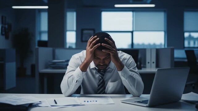 Stressed young Black businessman holding head in hands at office desk, burnout and professional failure concept