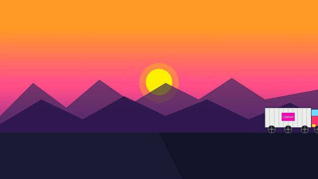 A minimalist flat vector animation showcasing a global logistics route as a white cargo truck travels across a mountain landscape during a beautiful sunset.