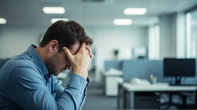 Stressed young Caucasian man sitting at office desk with head in hands feeling overwhelmed and burnt out at work
