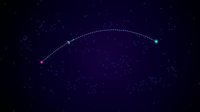 A stylized global logistics route shows a plane icon traveling along a dashed arc between two glowing nodes in a dark starry digital space environment.